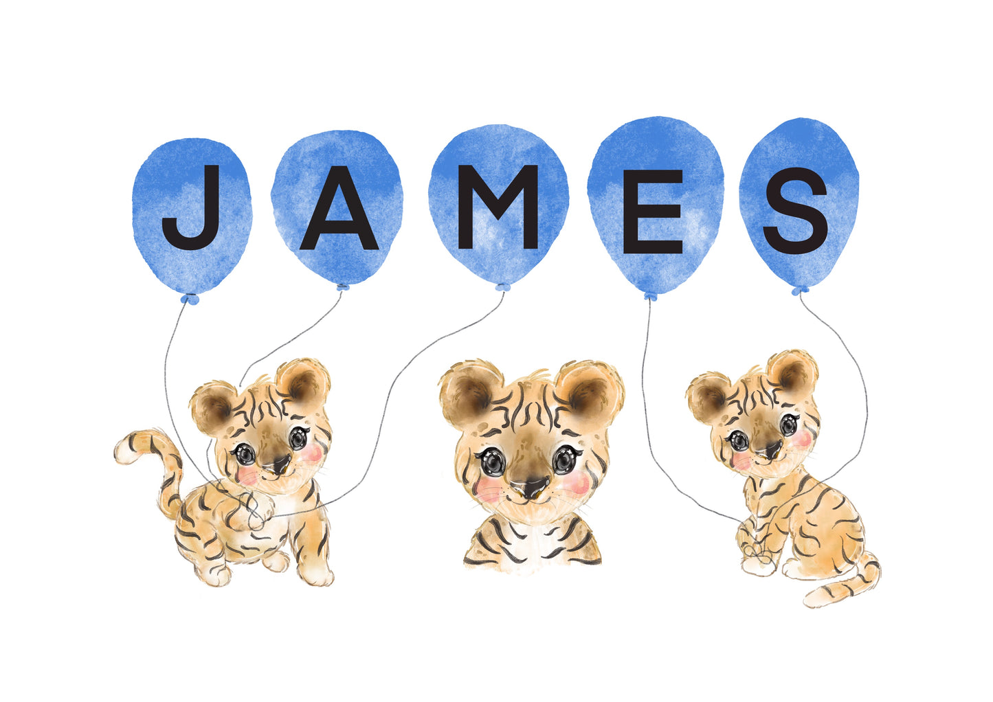 Personalised Tiger Cub Name Print - Blue Balloons